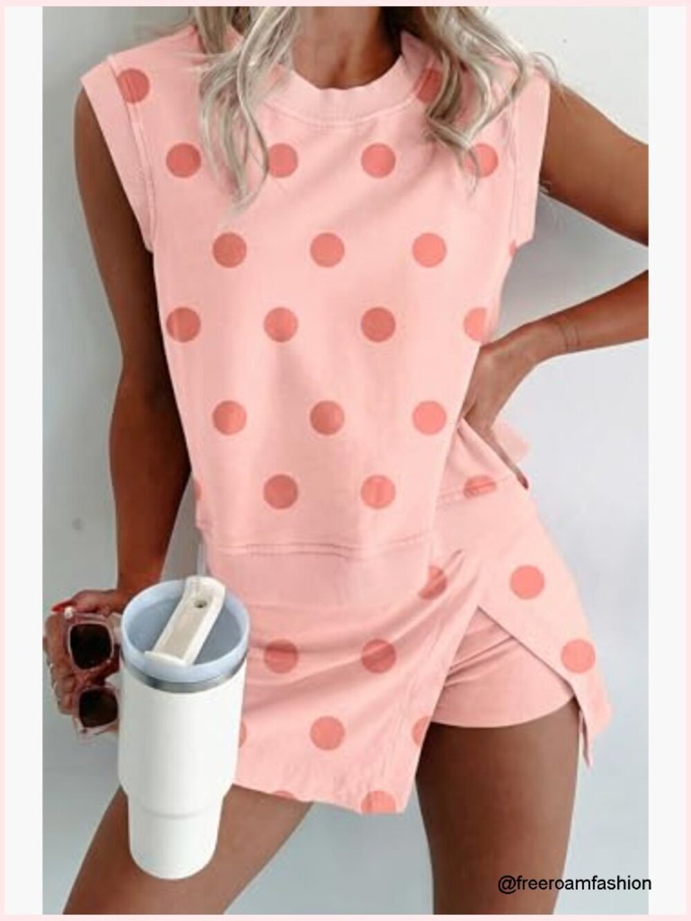 Polka Dot Sleeveless Lounge Set with Ribbed Trim Tank and Skort - Picture 3 of 7